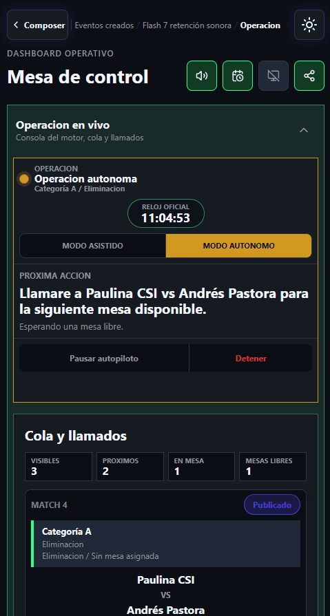 Monitor de operaciones anunciando el próximo llamado seguro