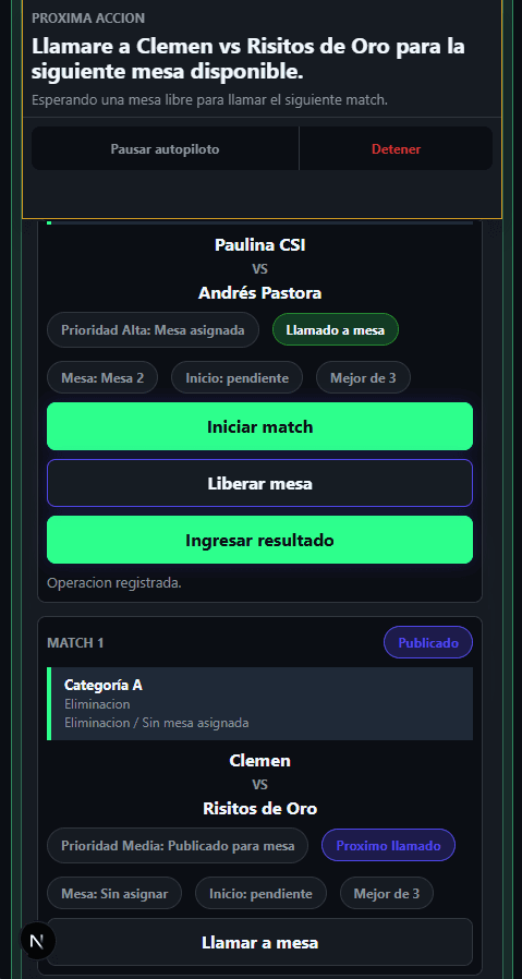 Monitor de operaciones con partido llamado a mesa y siguiente llamado preparado